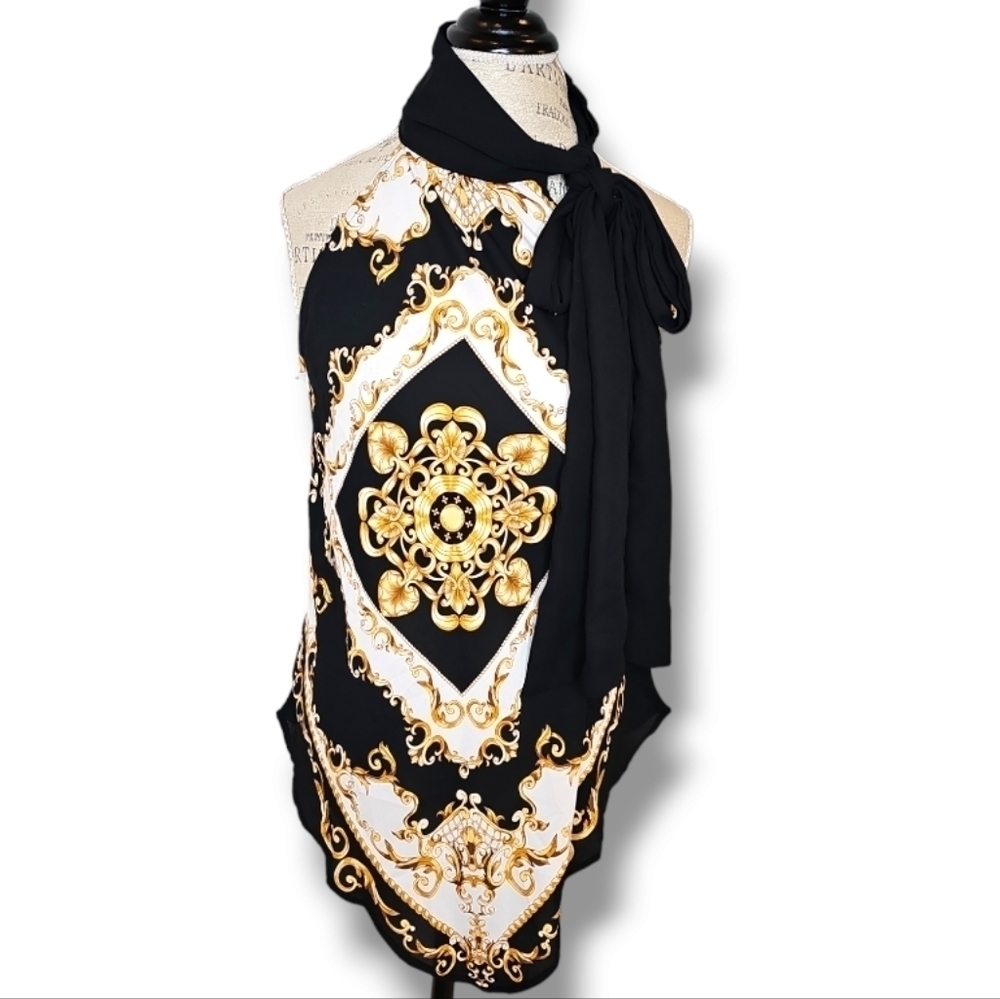 NY&C Black, Gold And White Printed Asymmetrical Sleeveless Neck-Tie Top-Size M